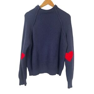Chicwish Navy Blue‎ Mock Neck Sweater Red Heart Elbow Patches Acrylic